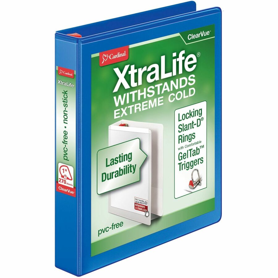 Cardinal Xtralife ClearVue Locking Slant-D Binders - 1" Binder Capacity - Letter - 8 1/2" x 11" Sheet Size - 270 Sheet Capacity - 1" Spine Width - 3 x D-Ring Fastener(s) - 2 Inside Front & Back Pocket(s) - Polyolefin - Blue - 14.40 oz - Non-stick, Locking Ring, PVC-free, Clear Overlay, Cold Resistant, Crack Resistant - 1 Each