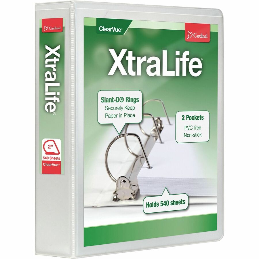 Cardinal Xtralife ClearVue Locking Slant-D Binders - 2" Binder Capacity - Letter - 8 1/2" x 11" Sheet Size - 540 Sheet Capacity - 2 1/2" Spine Width - 3 x D-Ring Fastener(s) - 2 Inside Front & Back Pocket(s) - Polyolefin - White - 1.25 lb - Non-stick, Locking Ring, PVC-free, Clear Overlay, Cold Resistant, Crack Resistant - 1 Each