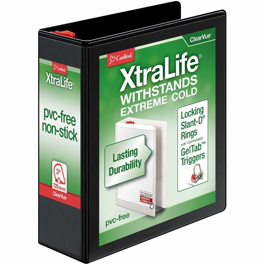 Cardinal Xtralife ClearVue Locking Slant-D Binders - 3" Binder Capacity - Letter - 8 1/2" x 11" Sheet Size - 725 Sheet Capacity - 2 29/32" Spine Width - 3 x D-Ring Fastener(s) - 2 Inside Front & Back Pocket(s) - Polyolefin - Black - 1.60 lb - Non-stick, Locking Ring, PVC-free, Clear Overlay, Cold Resistant, Crack Resistant - 1 Each
