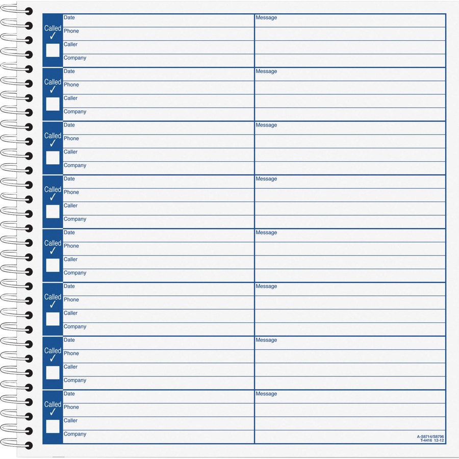 Adams Voice Mail Log Book - 60 Sheet(s) - Spiral Bound - 7.50" x 8.50" Sheet Size - 2 / Pack
