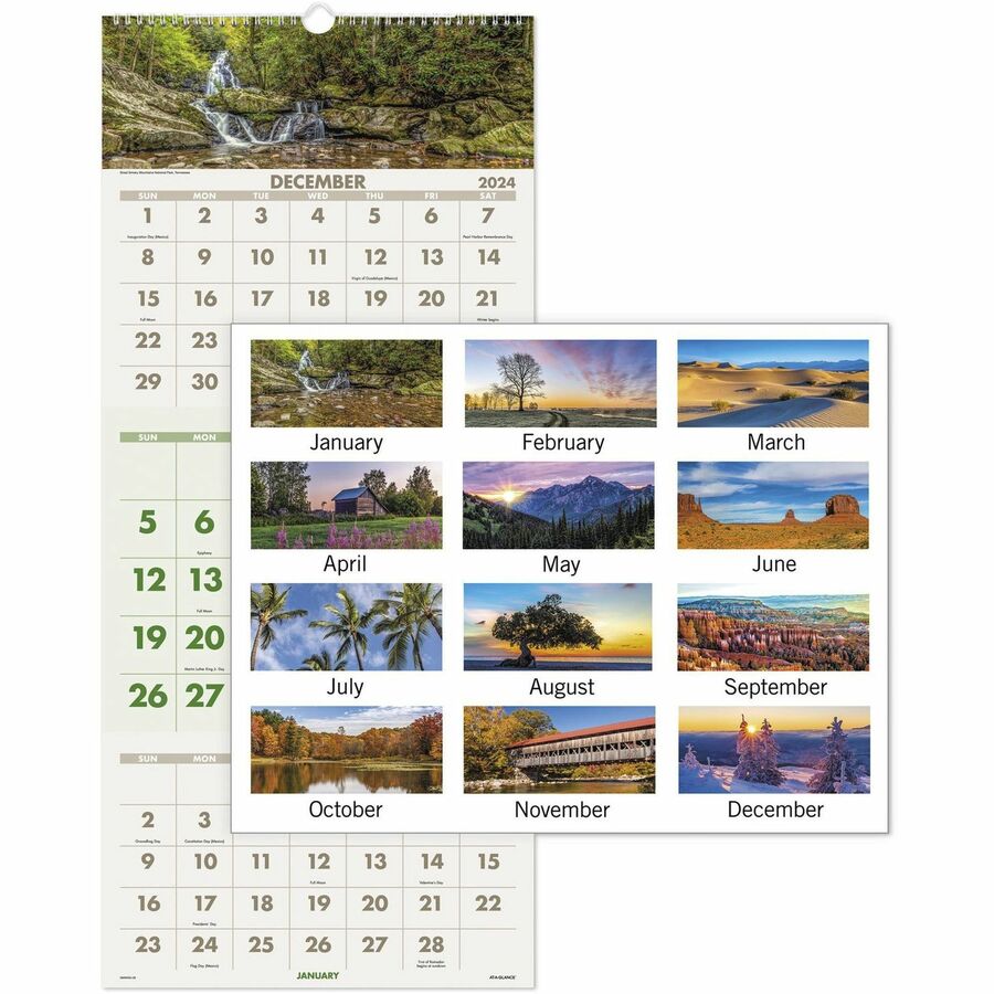 At-A-Glance Scenic Design 3-month Wall Calendar - Julian Dates - Monthly - 14 Month - December 2023 - January 2025 - 3 Month Single Page Layout - 12 1/4" x 27" Sheet Size - Wire Bound - Multi - Chipboard - Full-Color Scenic Photos - 1 Each