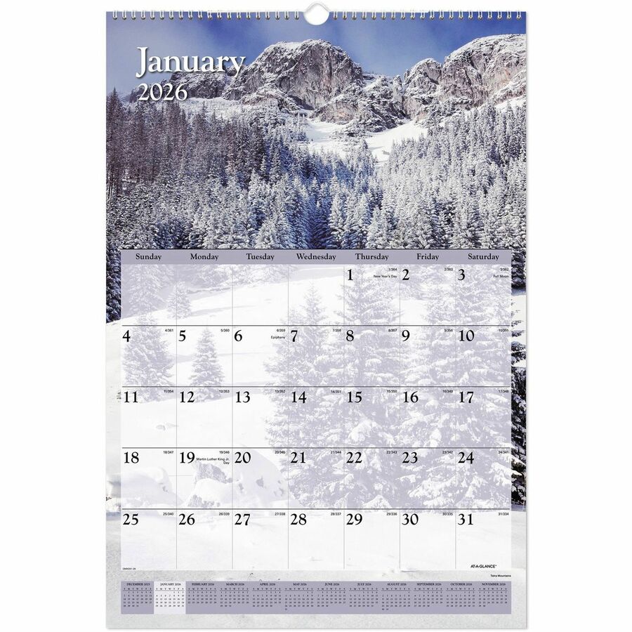 At-A-Glance Scenic Wall Calendar - Monthly - 12 Month - January 2024 - December 2024 - 1 Month Single Page Layout - 15 1/2" x 22 3/4" Sheet Size - 2" x 2.25" Block - White - Chipboard, Paper - Hanging Loop, Reference Calendar, Full-Color Scenic Photos - 1 Each