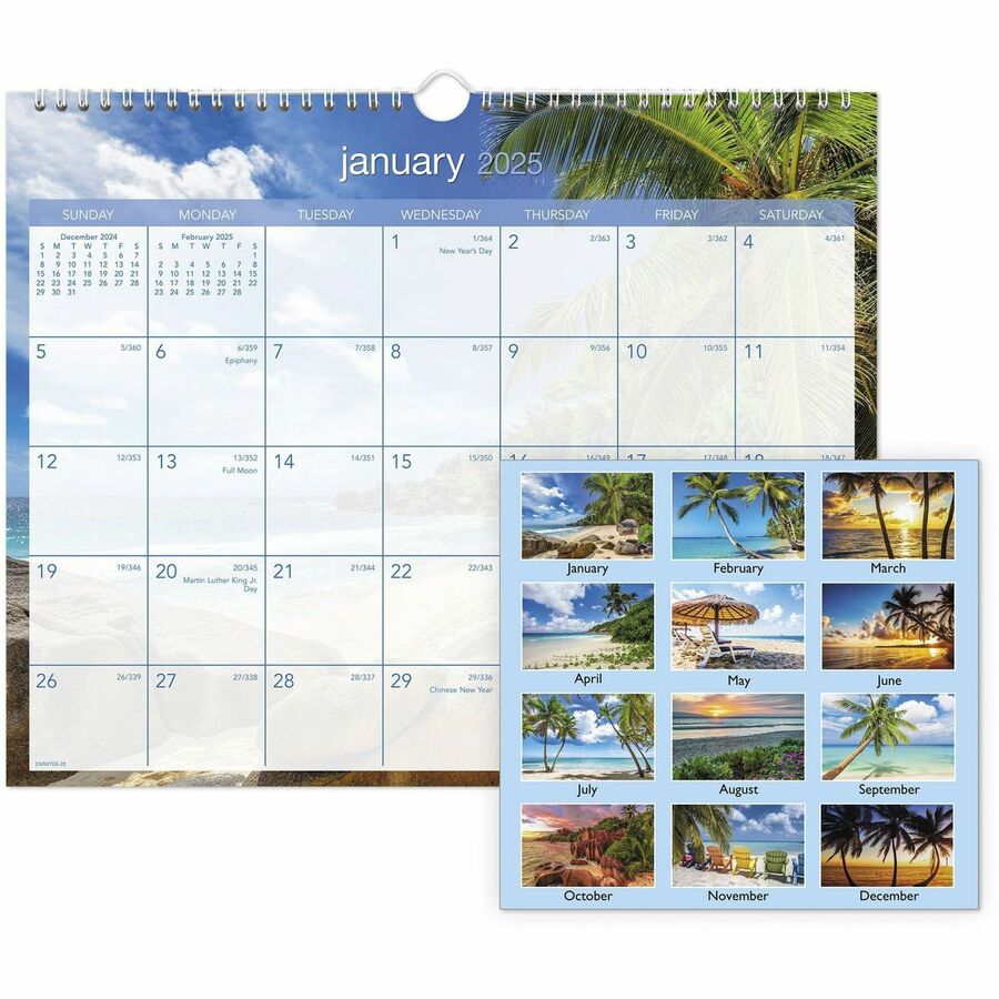 At-A-Glance Tropical Escape Monthly Wall Calendar - Julian Dates - Monthly - 12 Month - January 2024 - December 2024 - 1 Month Single Page Layout - 15" x 12" Sheet Size - 2" x 1" Block - Wire Bound - Blue - Chipboard, Paper - Hanging Loop, Full-color Photos - Tropical Escapes - 1 Each