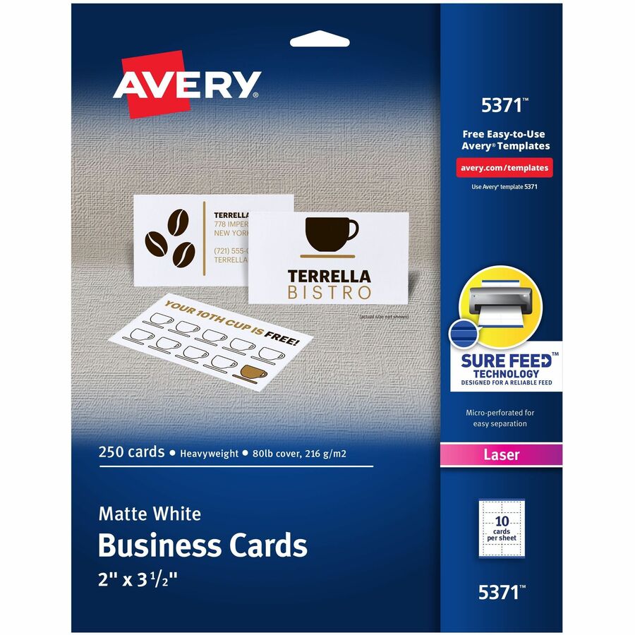 Avery® 2" x 3.5" Business Cards, Sure Feed(TM), Laser, 250 (5371) - 97 Brightness - A8 - 2" x 3 1/2" - 250 / Pack - FSC Mix - Heavyweight, Perforated, Smooth Edge