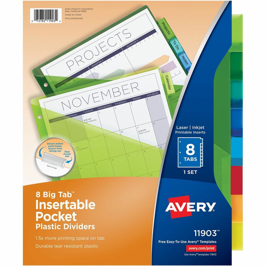 Avery® Big Tab Insertable Plastic Dividers w/Pockets - 8 x Divider(s) - 8 - 8 Tab(s)/Set - 9.3" Divider Width x 11.13" Divider Length - 3 Hole Punched - Translucent Plastic, Multicolor Divider - Multicolor Plastic Tab(s)