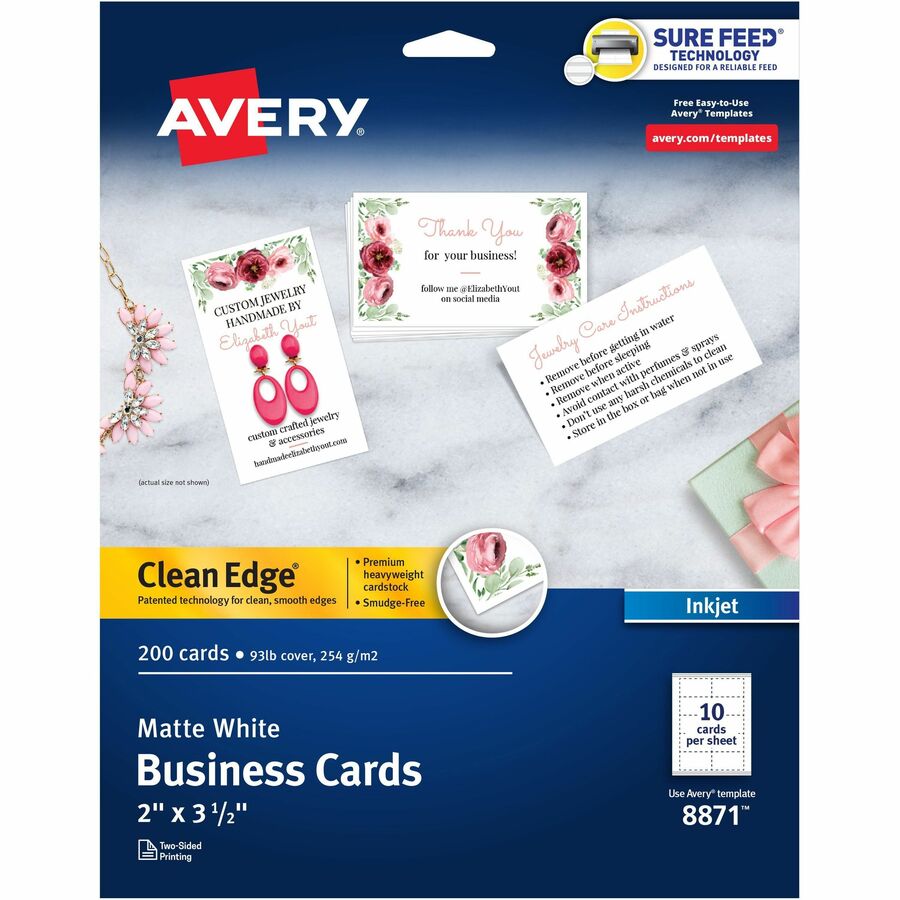 Avery® Clean Edge Business Cards, 2" x 3.5" , White, 200 (08871) - 110 Brightness - A8 - 2" x 3 1/2" - 93 lb Basis Weight - 254 g/m² Grammage - Matte - 200 / Pack - FSC Mix - Perforated, Heavyweight, Rounded Corner, Long Lasting, Smooth Edge, Jam-free, Smudge-free, Avery Clean Edge Technology