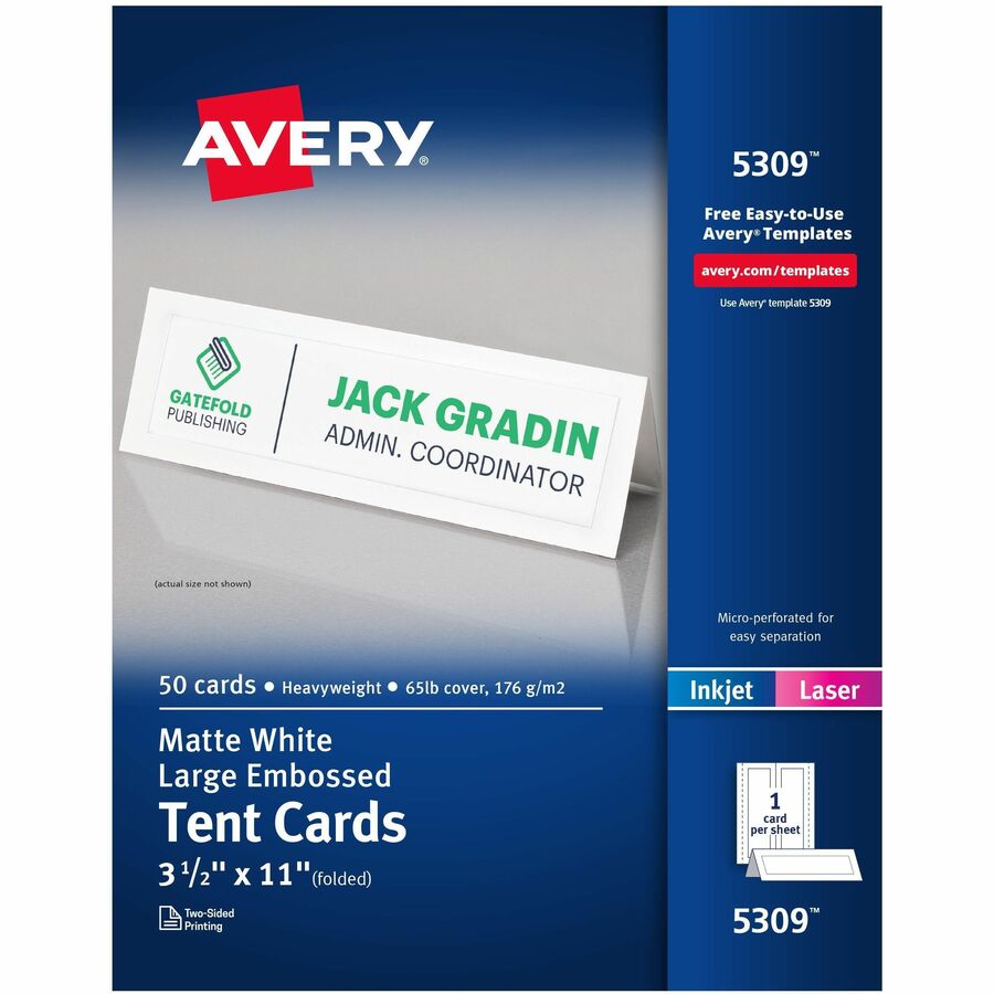 Avery® Embossed Tent Cards - 97 Brightness3 1/2" x 11" - 50 / Box - FSC Mix - Perforated, Heavyweight, Rounded Corner, Smudge-free, Jam-free, Embossed