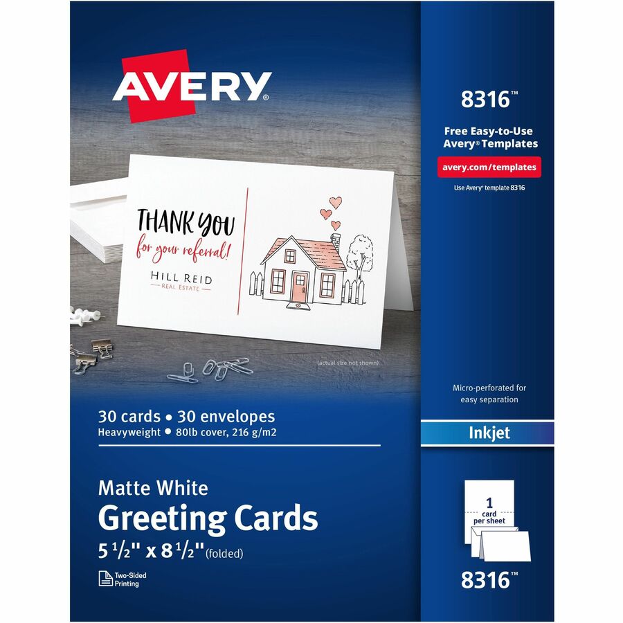 Avery® Half-fold Greeting Cards - 97 Brightness8 1/2" x 5 1/2" - Matte - 30 / Box - FSC Mix - Perforated, Heavyweight, Rounded Corner