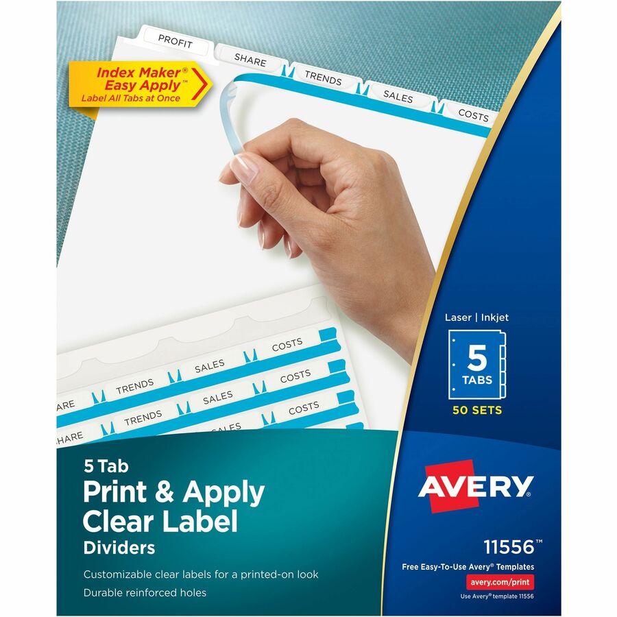 Avery® Index Maker Index Divider - 250 x Divider(s) - Print-on Tab(s) - 5 - 5 Tab(s)/Set - 8.5" Divider Width x 11" Divider Length - 3 Hole Punched - White Paper Divider - White Paper Tab(s) - 50 / Box
