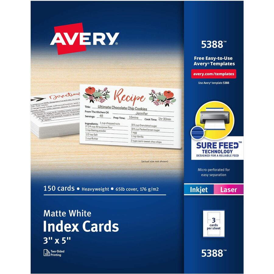 Avery® Laser, Inkjet Printable Index Cards - 97 Brightness - A7 - 3" x 5" - 150 / Box - FSC Mix - Perforated, Smudge-free, Jam-free, Uncoated