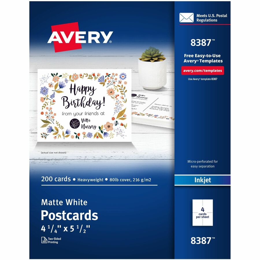 Avery® Postcards - 97 Brightness5 1/2" x 4 1/4" - Matte - 200 / Box - FSC Mix - Perforated, Heavyweight, Rounded Corner, Smudge-free, Jam-free