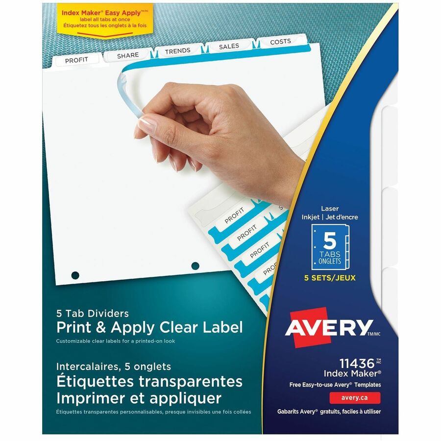 Avery® Print & Apply Clear Label Dividers - Index Maker Easy Apply Label Strip - 25 x Divider(s) - 5 Tab(s)/Set - 8.5" Divider Width x 11" Divider Length - Letter - 3 Hole Punched - Clear Paper Divider - White Tab(s) - 1 / Pack