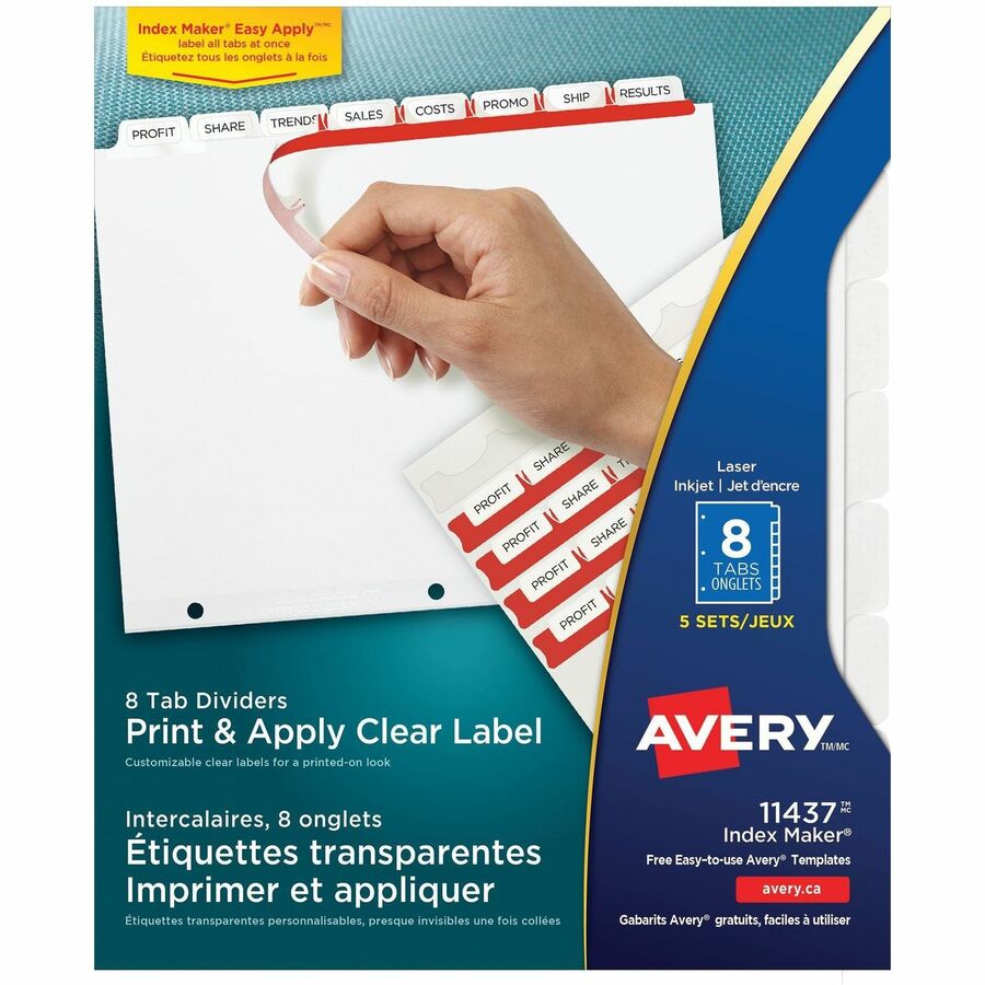 Avery® Print & Apply Clear Label Dividers - Index Maker Easy Apply Label Strip - 40 x Divider(s) - 8 Tab(s)/Set - 8.5" Divider Width x 11" Divider Length - Letter - 3 Hole Punched - Clear Paper Divider - White Tab(s) - 1 / Pack