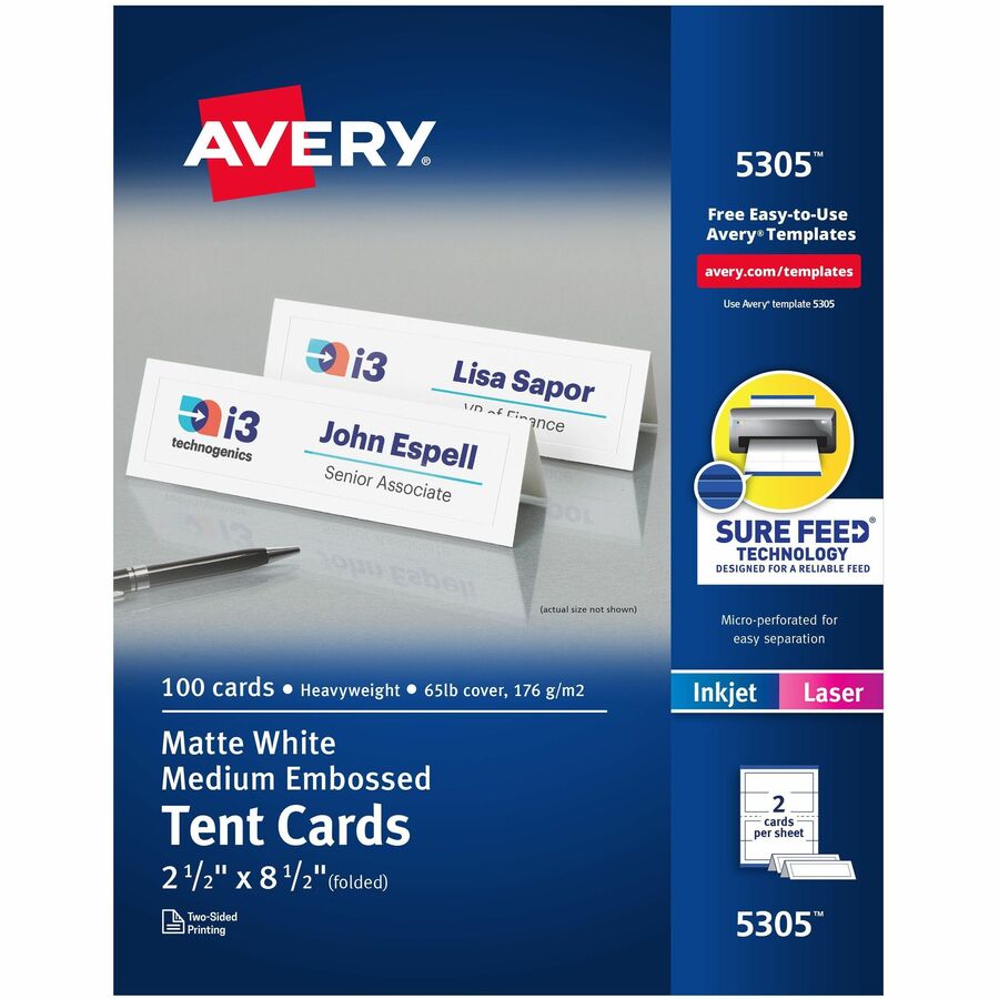 Avery® Printable Embossed Tent Cards - Uncoated - 2-Sided Printing - 97 Brightness2 1/2" x 8 1/2" - 100 / Box - FSC Mix - Perforated, Heat Resistant, Heavyweight, Rounded Corner, Smudge-free, Jam-free, Embossed