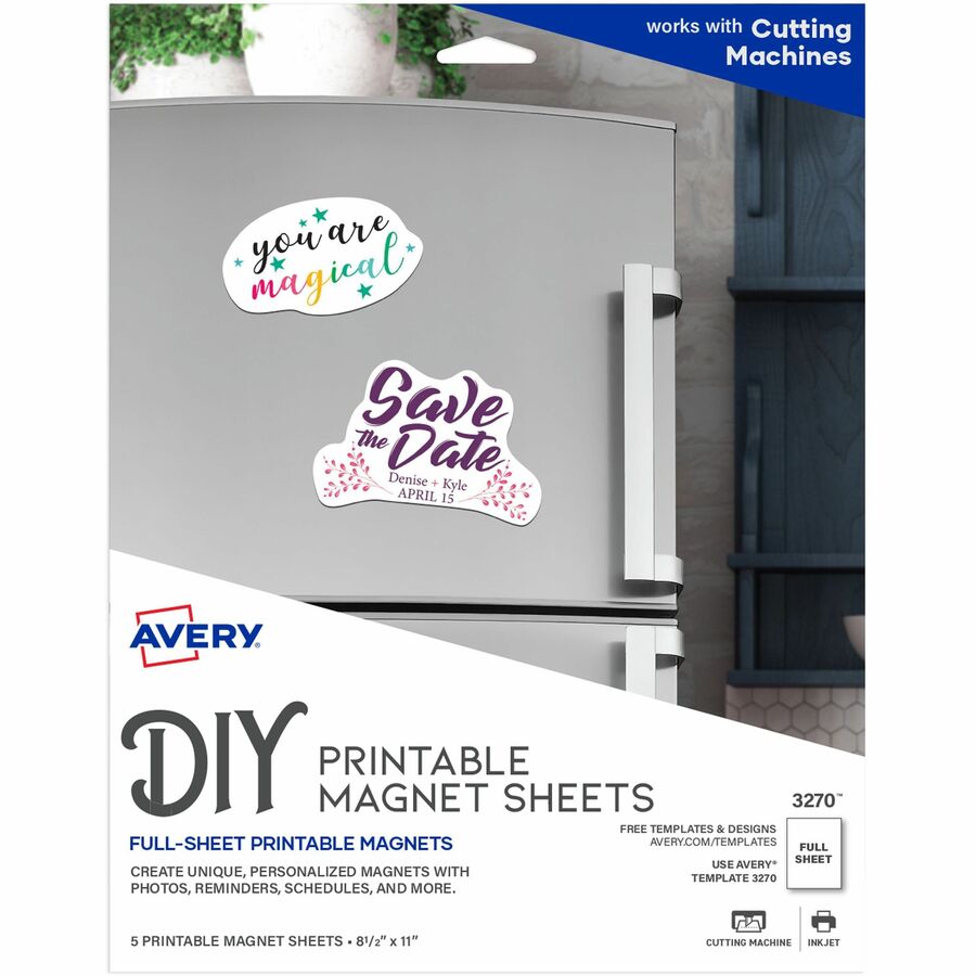 Avery® Printable Magnet Sheets, 8.5" x 11" , 5 Sheets (3270) - Letter - 8 1/2" x 11" - Matte - 5 / Pack - Magnetic, Printable, Lightweight