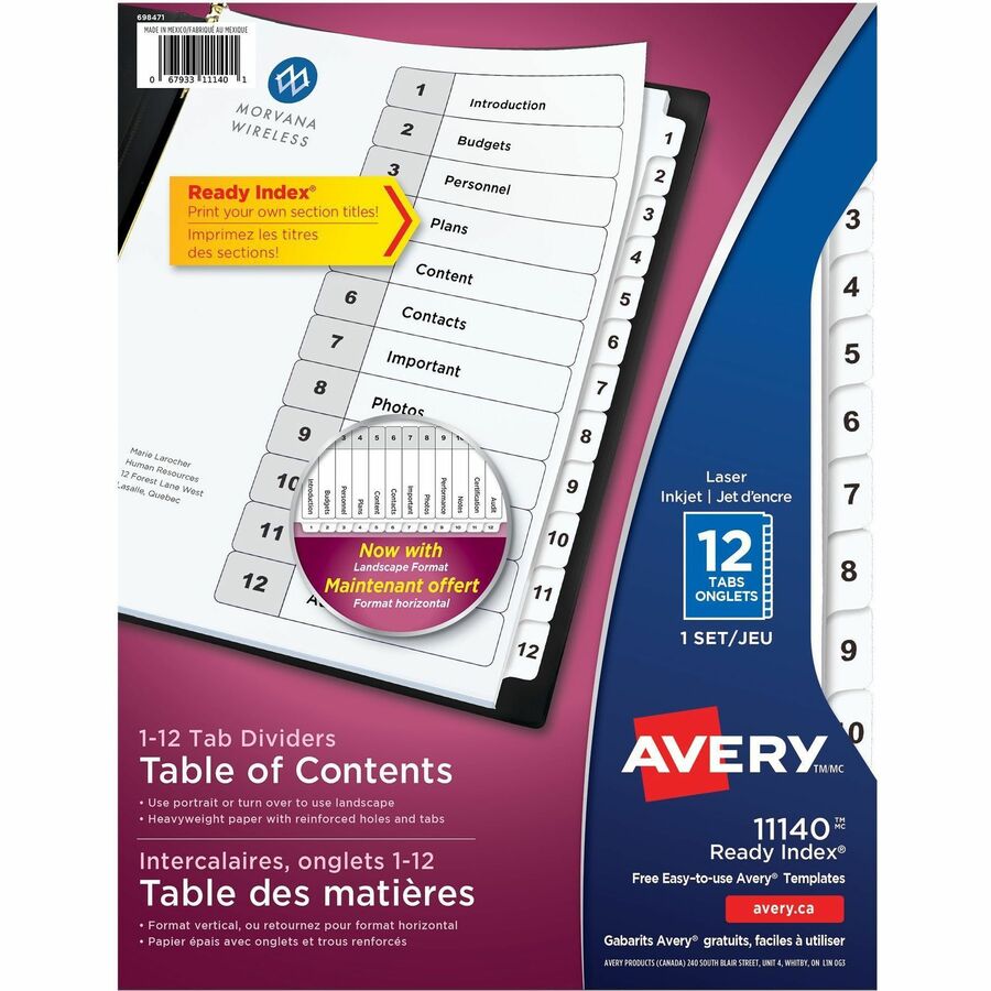 Avery® Ready Index Classic Tab Binder Dividers - 12 x Divider(s) - 1-12 - 12 Tab(s)/Set - 8.5" Divider Width x 11" Divider Length - 3 Hole Punched - White Paper Divider - White Paper Tab(s) - 12 / Set