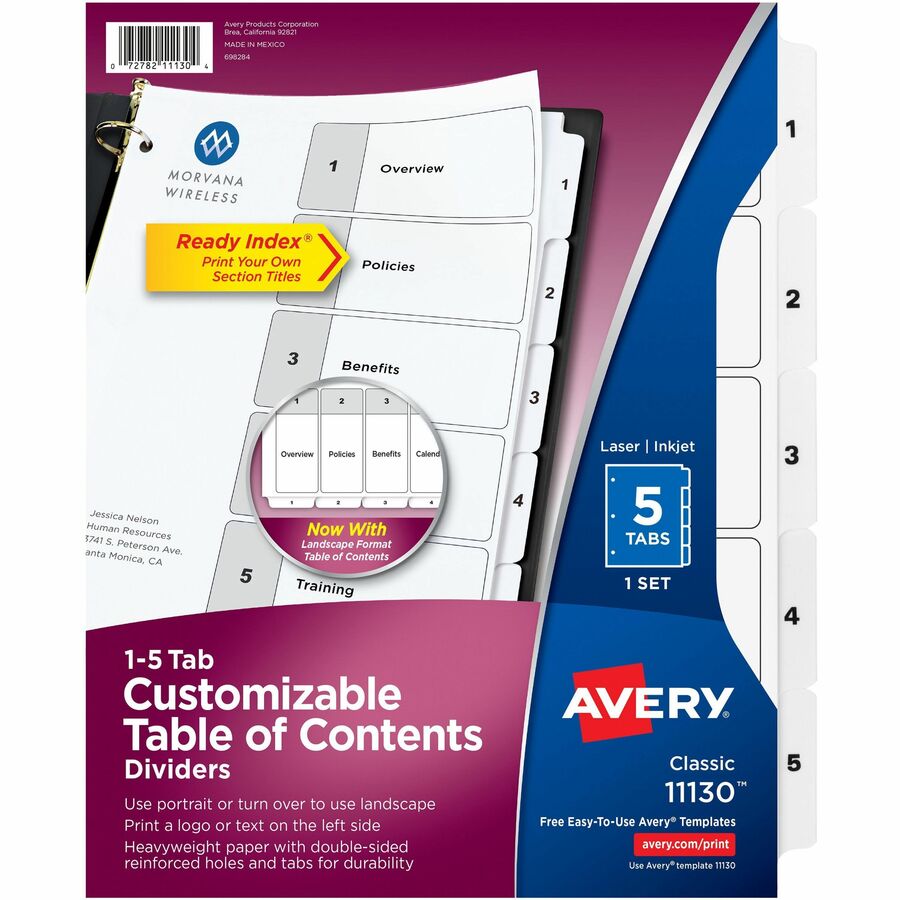Avery® Ready Index Classic Tab Binder Dividers - 5 x Divider(s) - 1-5 - 5 Tab(s)/Set - 8.5" Divider Width x 11" Divider Length - 3 Hole Punched - White Paper Divider - White Paper Tab(s) - 5 / Set