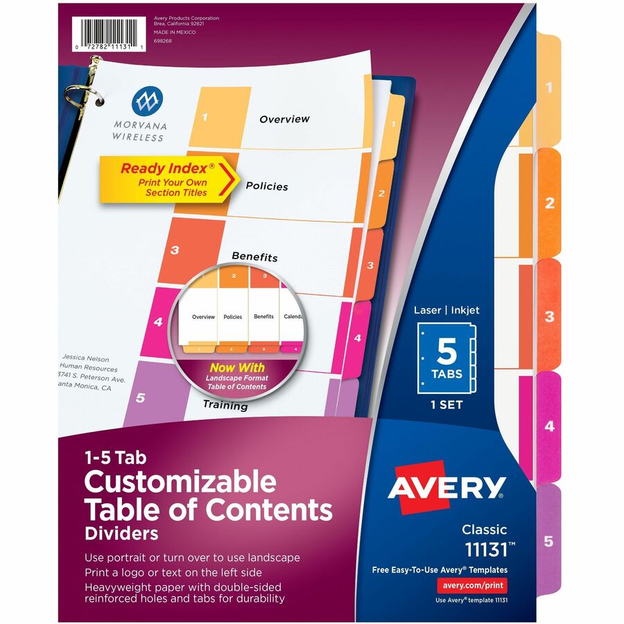 Avery® Ready Index Custom TOC Binder Dividers - 5 x Divider(s) - 1-5 - 5 Tab(s)/Set - 8.5" Divider Width x 11" Divider Length - 3 Hole Punched - White Paper Divider - Multicolor Paper Tab(s) - 5 / Set