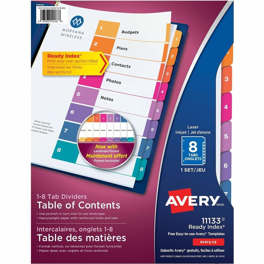 Avery® Ready Index Custom TOC Binder Dividers - 8 x Divider(s) - 1-8 - 8 Tab(s)/Set - 8.5" Divider Width x 11" Divider Length - 3 Hole Punched - White Paper Divider - Multicolor Paper Tab(s) - 8 / Set
