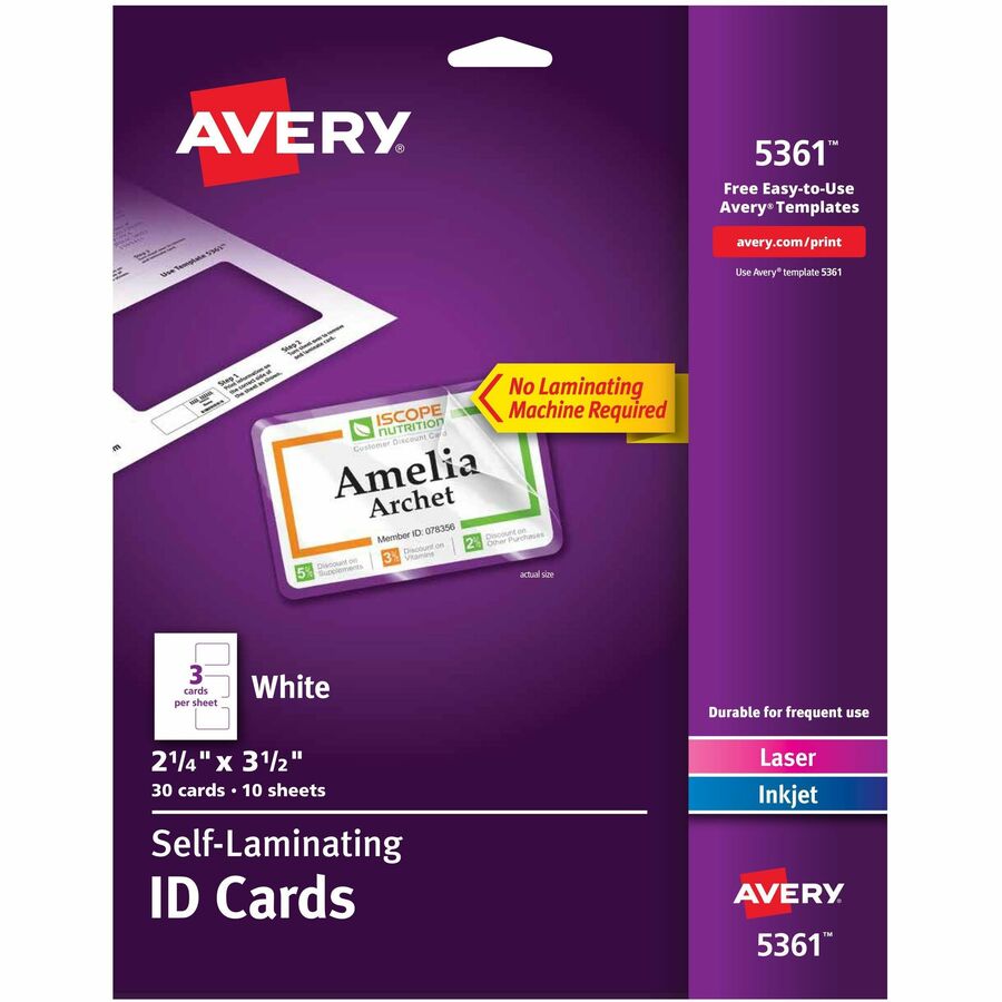 Avery® Self-laminating ID Cards - 30 / Box - 2" Width x 3.3" Height - Laminated, Perforated, Printable, Durable, Perforated - White