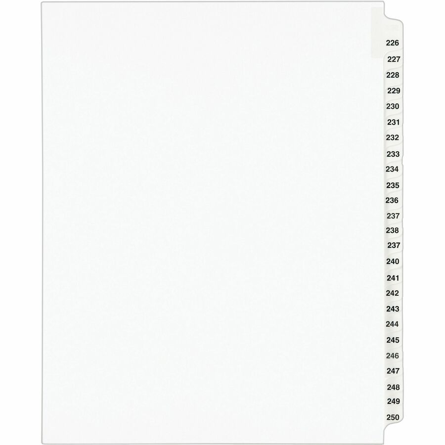 Avery® Standard Collated Legal Exhibit Divider Sets - Avery Style - 25 x Divider(s) - Printed Tab(s) - Digit - 226-250 - 25 Tab(s)/Set - 8.5" Divider Width x 11" Divider Length - Letter - White Paper Divider - Clear Paper Tab(s) - 25 / Set