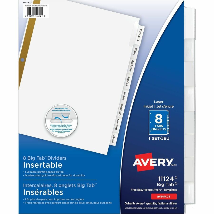 Avery® Worksaver Big Tab Insertable Indexes - 8 x Divider(s) - 8 - 8 Tab(s)/Set - 8.5" Divider Width x 11" Divider Length - 3 Hole Punched - White Paper Divider - Clear Paper, Plastic Tab(s) - 8 / Set