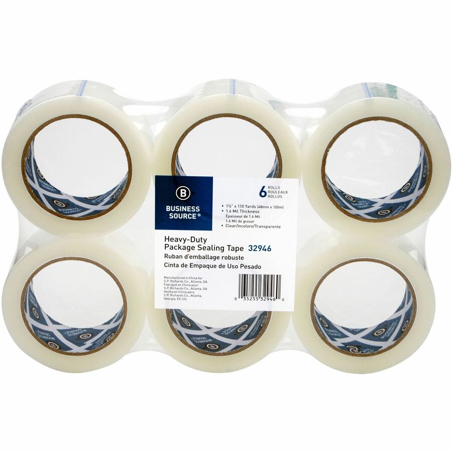 Business Source Heavy-duty Packaging/Sealing Tape - 110 yd Length x 1.88" Width - 3" Core - 1.60 mil - 6 / Pack - Clear