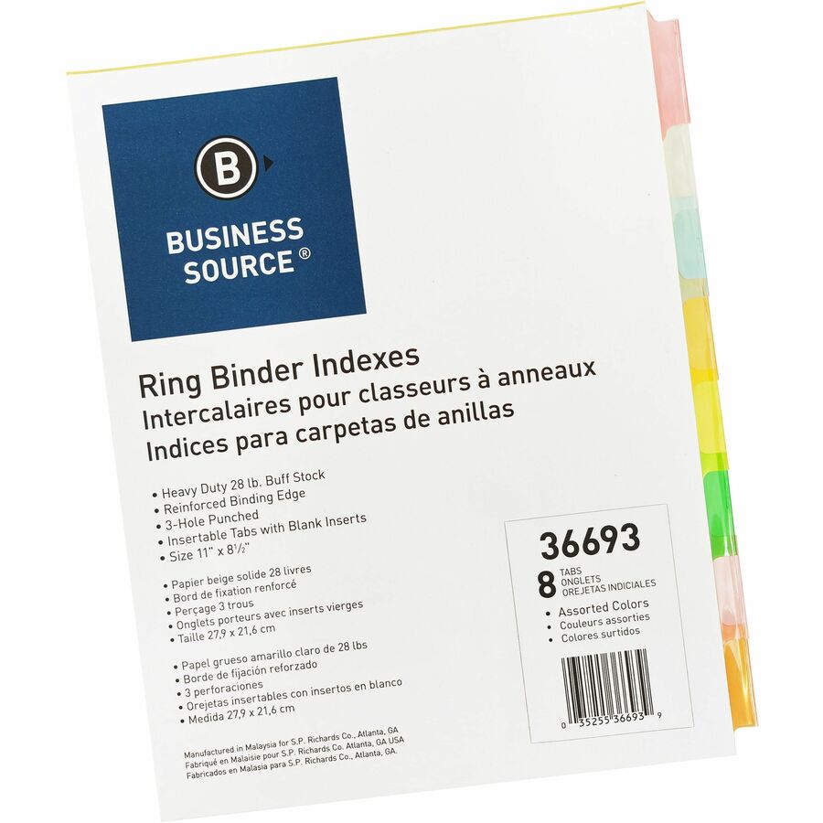 Business Source Insertable Tab Ring Binder Indexes - 8 Blank Tab(s)1.50" Tab Width - 8.5" Divider Width x 11" Divider Length - Letter - 3 Hole Punched - Multicolor Tab(s) - 8 / Set