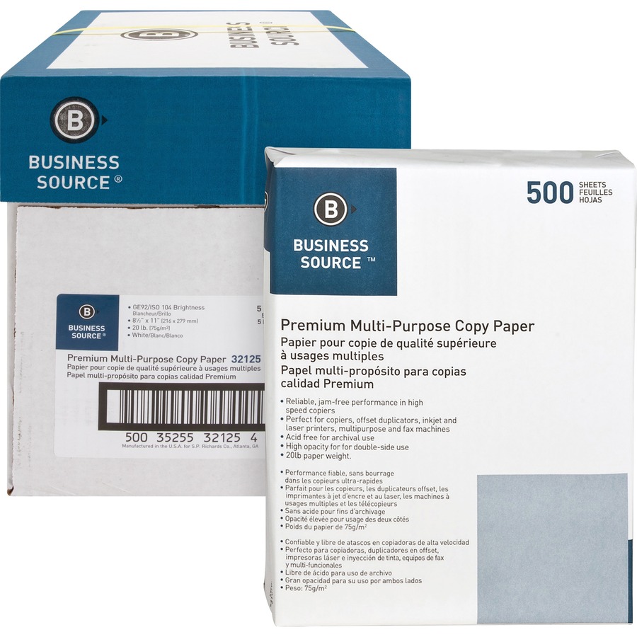 Business Source Premium Multipurpose Copy Paper - 92 Brightness - Letter - 8 1/2" x 11" - 20 lb Basis Weight - 5 / Carton500 Ream per Case) - Acid-free