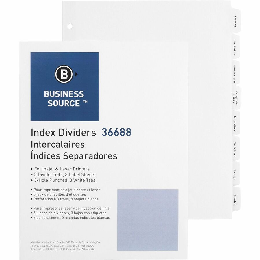 Business Source Punched Tabbed Laser Index Dividers - 8 Blank Tab(s) - 8.5" Divider Width x 11" Divider Length - Letter - 3 Hole Punched - White Paper Divider - White Tab(s) - 5 / Pack