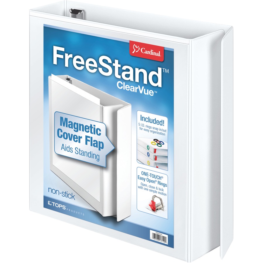 Cardinal FreeStand Easy Open Slant-D Ring Binder - 2" Binder Capacity - Letter - 8 1/2" x 11" Sheet Size - 525 Sheet Capacity - 2 19/64" Spine Width - 3 x D-Ring Fastener(s) - Polypropylene - White - 1.45 lb - Recycled - Magnetic Closure, PVC-free, Non-stick, Clear Overlay, One Touch Ring, Spine Label, Locking Mechanism, Archival-safe, Finger Hole - 1 Each