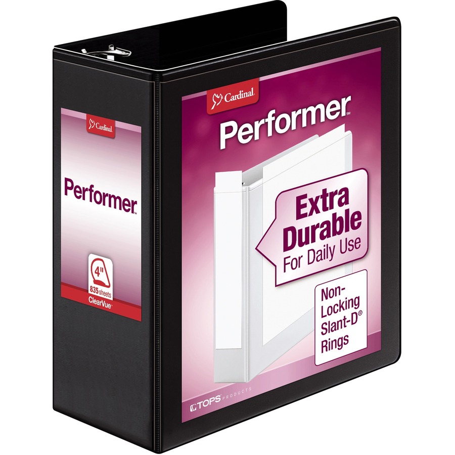 Cardinal Performer ClearVue Slant-D Ring Binder - 4" Binder Capacity - Letter - 8 1/2" x 11" Sheet Size - 835 Sheet Capacity - 3 3/5" Spine Width - 3 x D-Ring Fastener(s) - 2 Inside Front & Back Pocket(s) - Vinyl - Black - 2.14 lb - Label Holder, Hinged, Sheet Lifter, Locking Ring, Clear Overlay, Spill Proof, Finger Hole - 1 Each