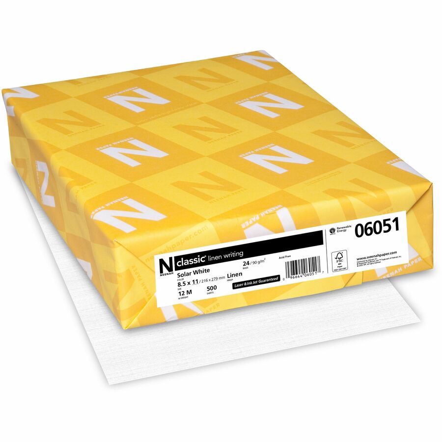 Classic Premium Paper - White - Letter - 8 1/2" x 11" - 24 lb Basis Weight - Linen - 500 / Ream - FSC - Watermarked, No Cotton Content, Acid-free, Ream-wrapped