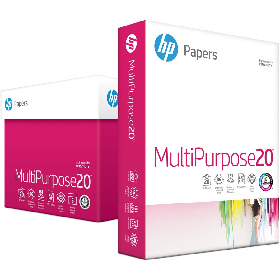 HP Papers Multipurpose20 Copy Paper - White - 96 Brightness - Letter - 8 1/2" x 11" - 20 lb Basis Weight - Smooth - 5 / Carton - Smear Resistant, Acid-free, Archival-safe, ColorLok Technology