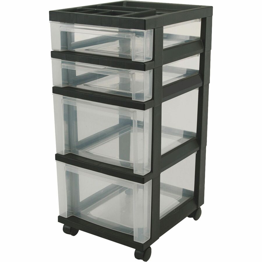 IRIS Mini Storage Cart - 4 Drawer - 4 Casters - Plastic - x 14.3" Width x 12.1" Depth x 26.4" Height - Black - 1 Each