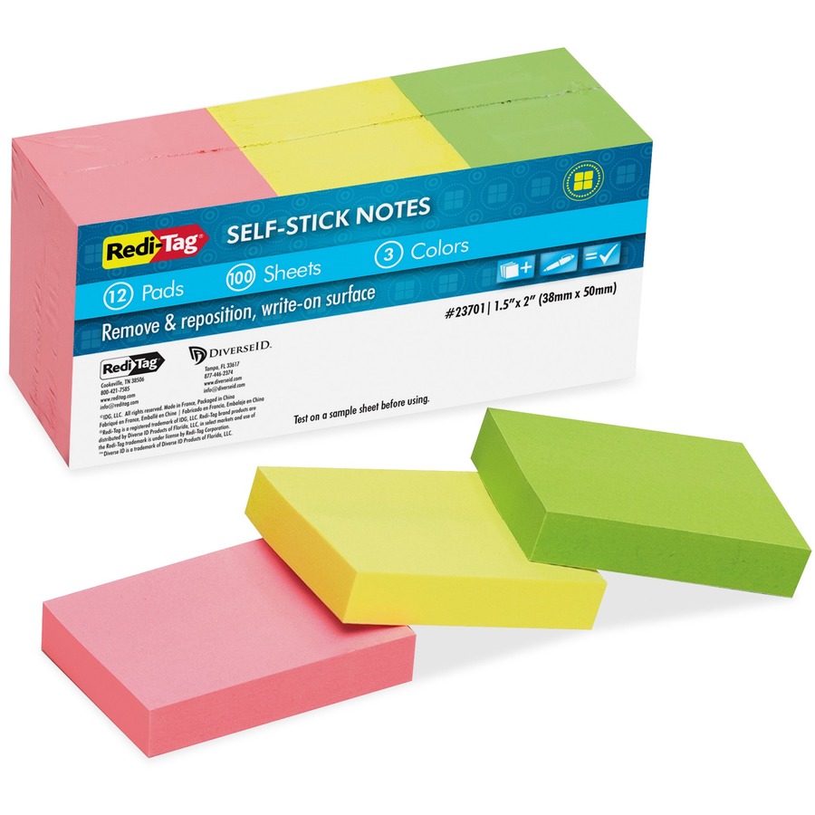 Redi-Tag Self-Stick Recycled Neon Notes - 400 x Neon Pink, 400 x Neon Green, 400 x Neon Yellow - 1.50" x 2" - Rectangle - 100 Sheets per Pad - Neon Pink, Neon Yellow, Neon Green - Self-stick, Solvent-free Adhesive, Water Based, Repositionable, Removable, Residue-free, Writable - 12 / Pack