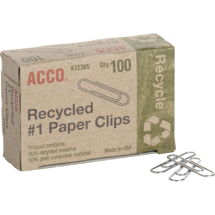 ACCO Recycled Paper Clips - No. 1 - 1.3" Length - 10 Sheet Capacity - Durable, Reusable - 100 / Box - Silver - Metal