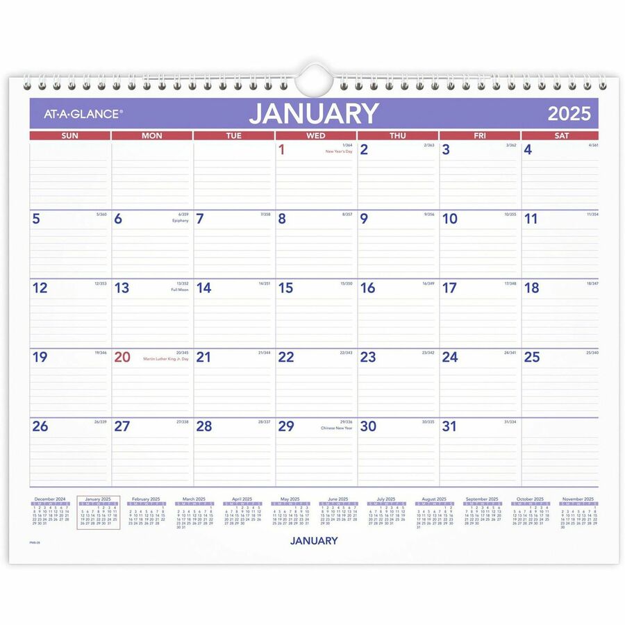 At-A-Glance Monthly Wall Calendar - Julian Dates - Monthly - 12 Month - January 2024 - December 2024 - 1 Month Single Page Layout - 15" x 12" Sheet Size - 2" x 1.75" Block - Wire Bound - Paper, Chipboard - Hanging Loop - 1 Each