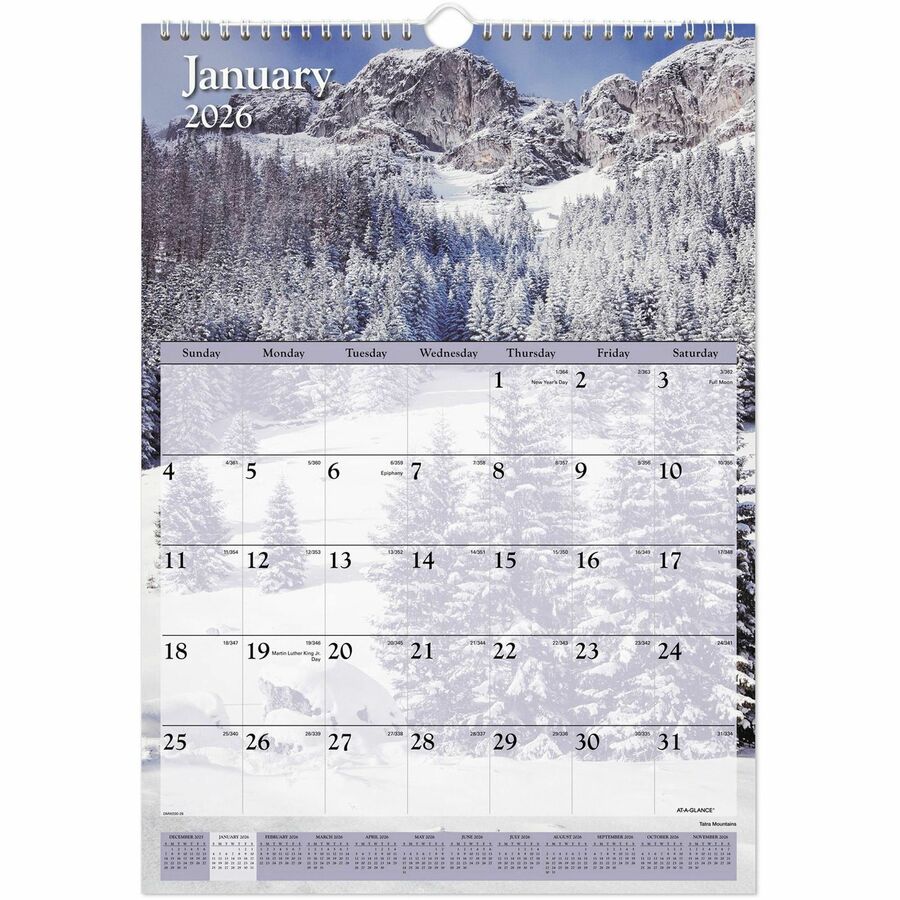 At-A-Glance Scenic Wall Calendar - Monthly - 12 Month - January 2024 - December 2024 - 1 Month Single Page Layout - 12" x 17" Sheet Size - 1.50" x 1.50" Block - Wire Bound - White - Chipboard, Paper - Hanging Loop, Reference Calendar, Full-Color Scenic Photos - 1 Each