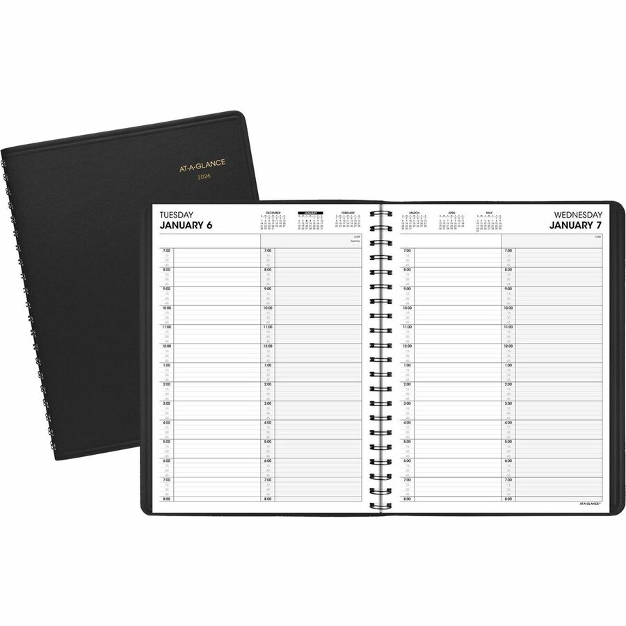 At-A-Glance Two-Person Daily Appointment Book - Julian Dates - Daily - 1 Year - January 2024 - December 2024 - 7:00 AM to 8:00 PM - Quarter-hourly - 1 Day Single Page Layout - 8" x 10 7/8" Sheet Size - Wire Bound - Simulated Leather - Black - Perforated Corner, Reference Calendar - 1 Each