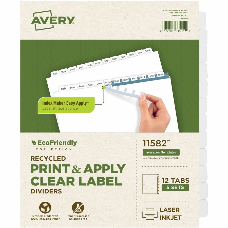 Avery® Eco-friendly Index Makers Dividers - 60 x Divider(s) - 12 Print-on Tab(s) - 12 - 12 Tab(s)/Set - 8.5" Divider Width x 11" Divider Length - 3 Hole Punched - White Paper Divider - White Paper Tab(s) - 1