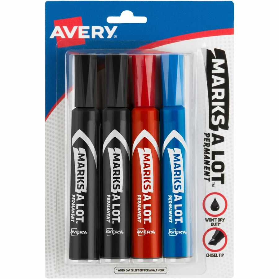 Avery® Marks A Lot Permanent Markers - Chisel Marker Point Style - Black, Blue, Red - Black, Blue, Red Barrel - 4 / Pack
