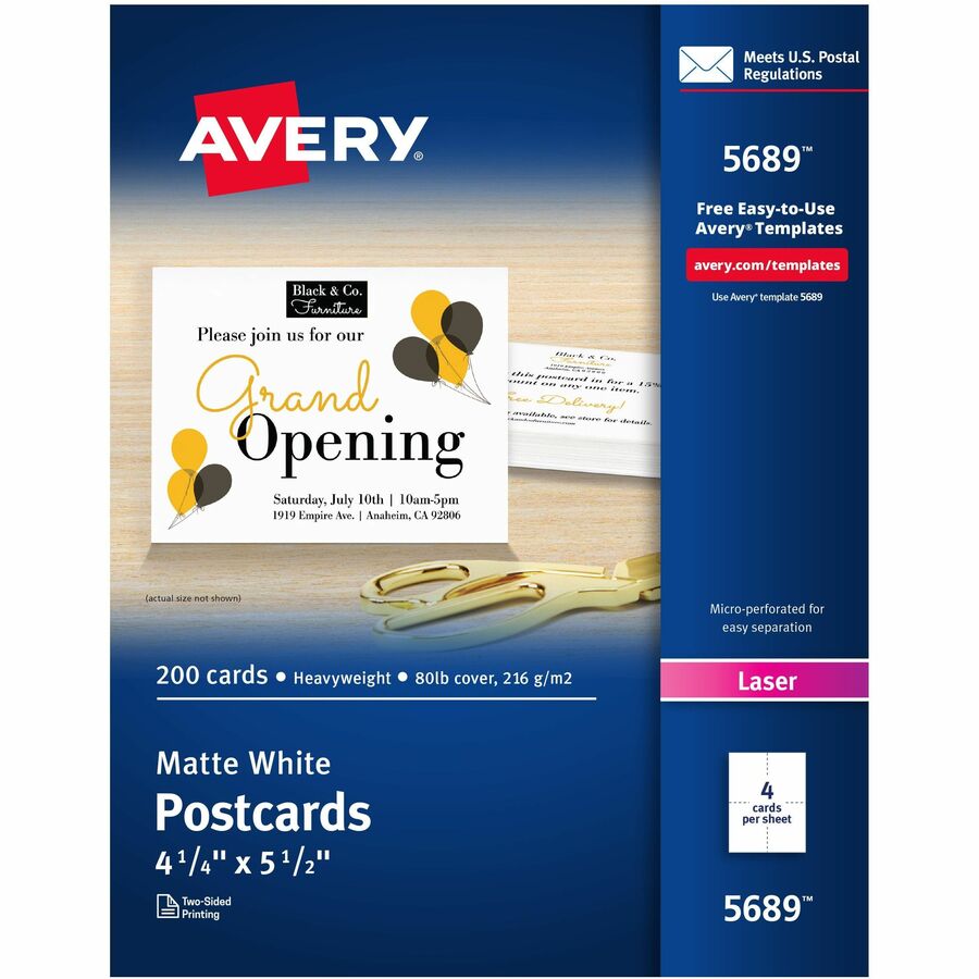 Avery® Postcards - 97 Brightness5 1/2" x 4 1/4" - Matte - 200 / Box - FSC Mix - Perforated, Heavyweight, Rounded Corner, Jam-free, Smudge-free, Double-sided, Uncoated, Recyclable, Biodegradable