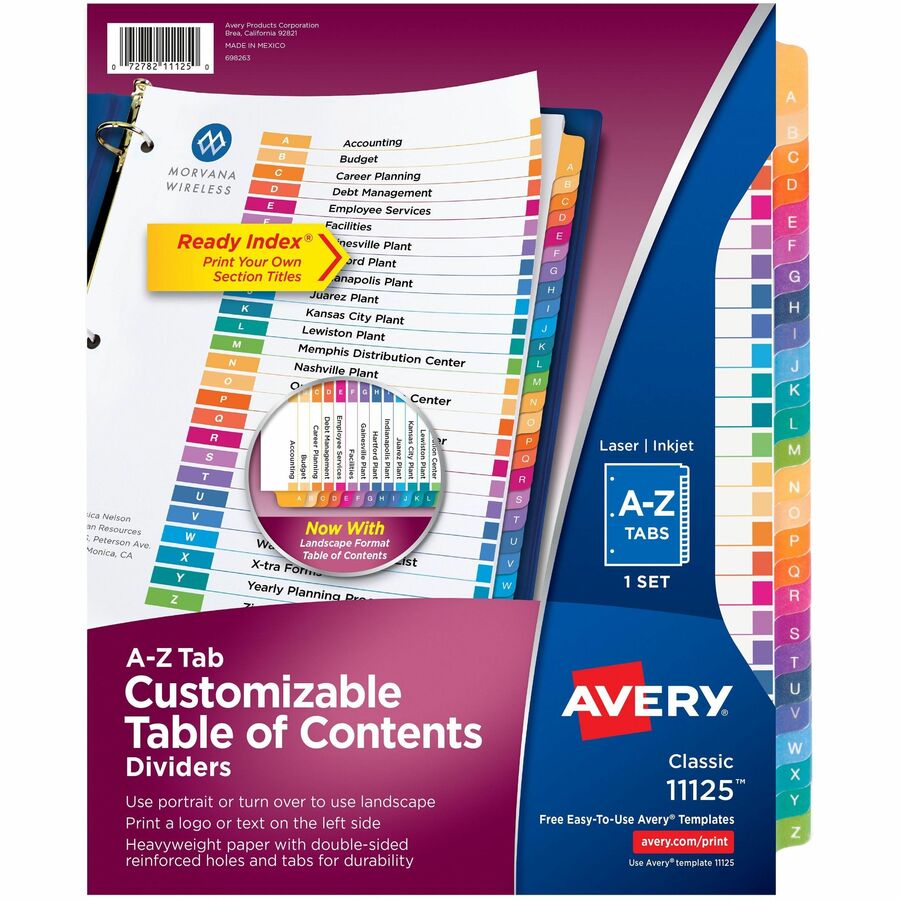 Avery® Ready Index A-Z Table of Contents Dividers - 26 x Divider(s) - A-Z - 26 Tab(s)/Set - 8.5" Divider Width x 11" Divider Length - 3 Hole Punched - White Paper Divider - Multicolor Paper Tab(s) - 26 / Set