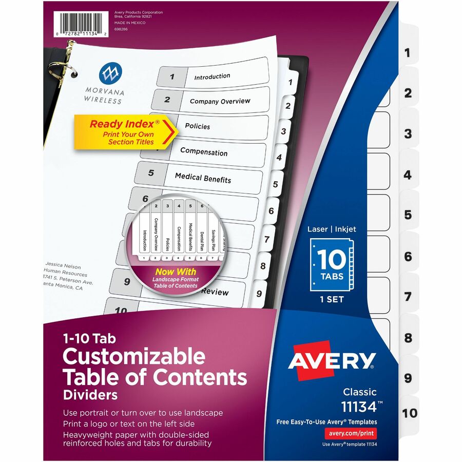 Avery® Ready Index Classic Tab Binder Dividers - 10 x Divider(s) - 1-10 - 10 Tab(s)/Set - 8.5" Divider Width x 11" Divider Length - 3 Hole Punched - White Paper Divider - White Paper Tab(s) - 10 / Set