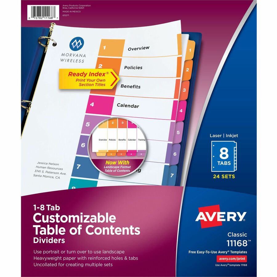 Avery® Ready Index Customizable TOC Dividers - 192 x Divider(s) - 1-8 - 8 Tab(s)/Set - 8.5" Divider Width x 11" Divider Length - 3 Hole Punched - White Paper Divider - Multicolor Paper Tab(s) - 24 / Box