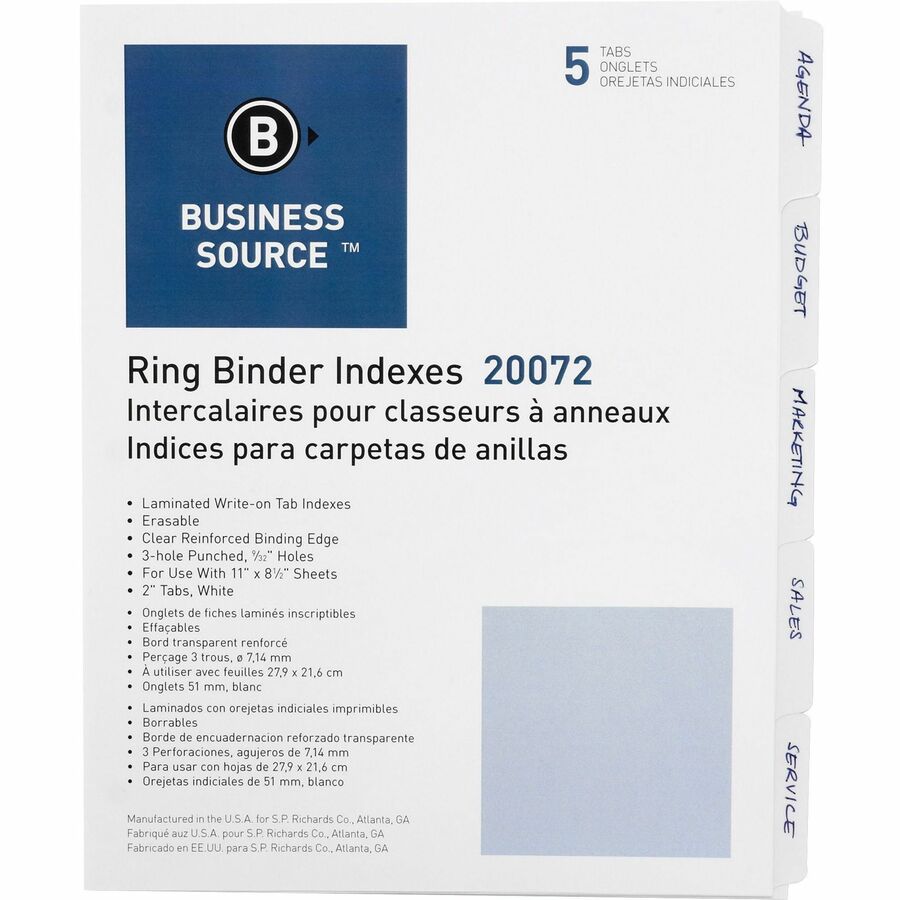 Business Source 3-Ring 5-Tab Erasable Tab Indexes - 5 Write-on Tab(s)2" Tab Width - 8.5" Divider Width x 11" Divider Length - Letter - 3 Hole Punched - White Divider - Mylar Tab(s) - 5 / Set