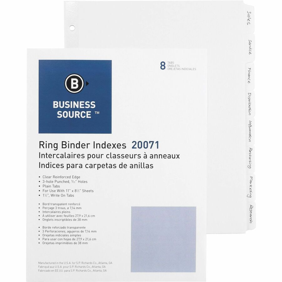 Business Source 3-Ring Plain Tab Indexes - 8 Write-on Tab(s)1.25" Tab Width - 8.5" Divider Width x 11" Divider Length - Letter - 3 Hole Punched - White Divider - 100 / Box