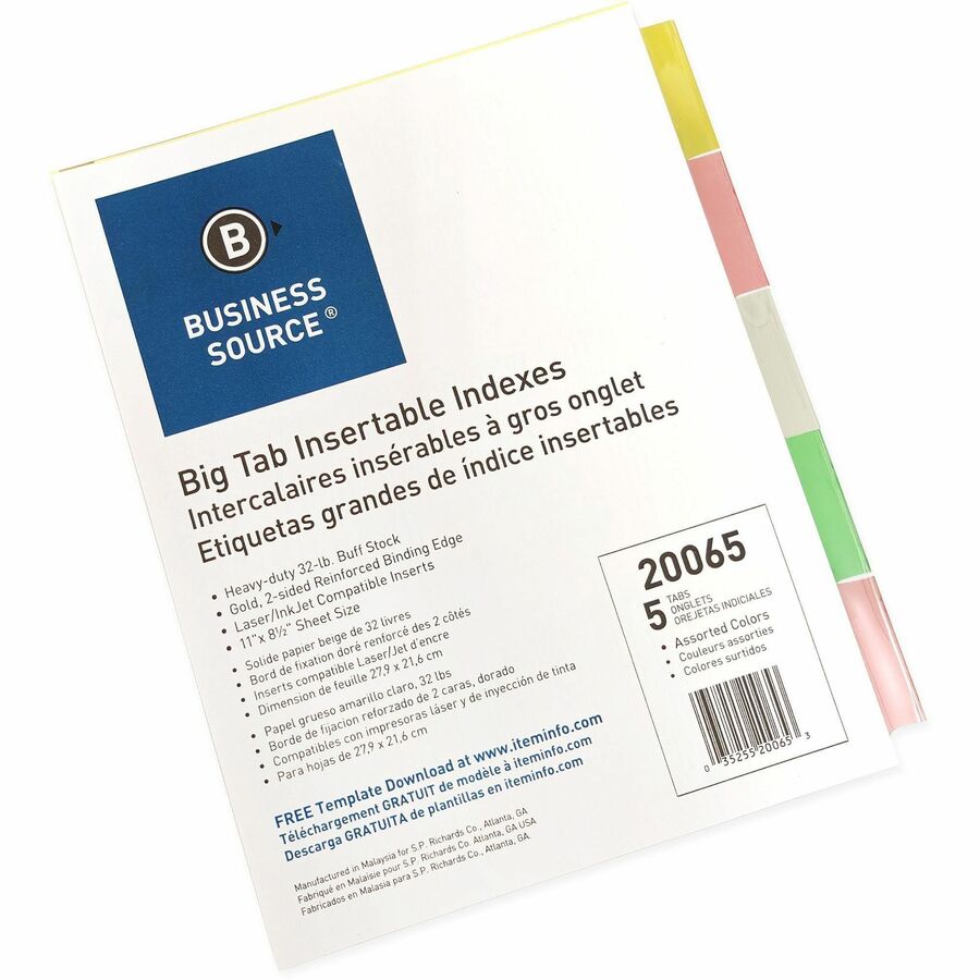 Business Source Reinforced Insertable Tab Indexes - 5 Tab(s)2" Tab Width - 8.5" Divider Width x 11" Divider Length - Letter - 3 Hole Punched - Buff Divider - Manila Tab(s) - 5 / Set