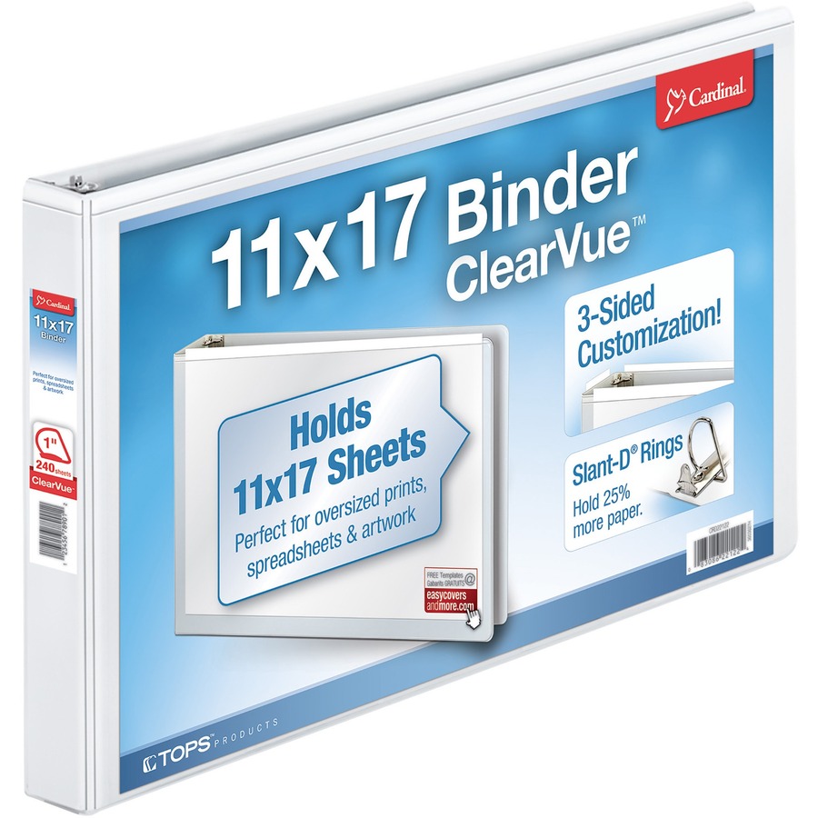 Cardinal ClearVue Overlay Tabloid D-Ring Binders - 1" Binder Capacity - Tabloid - 11" x 17" Sheet Size - 240 Sheet Capacity - 1" Spine Width - 3 x D-Ring Fastener(s) - Vinyl - White - 2.34 lb - Recycled - Hinged, Clear Overlay, Non Locking Mechanism - 1 Each
